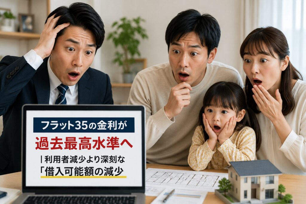 住宅ローン金利の上昇によって借入可能額が減少するイメージ。同じ年収でも借りられる金額が大幅に減り、マイホーム購入が難しくなる状況を表した画像。